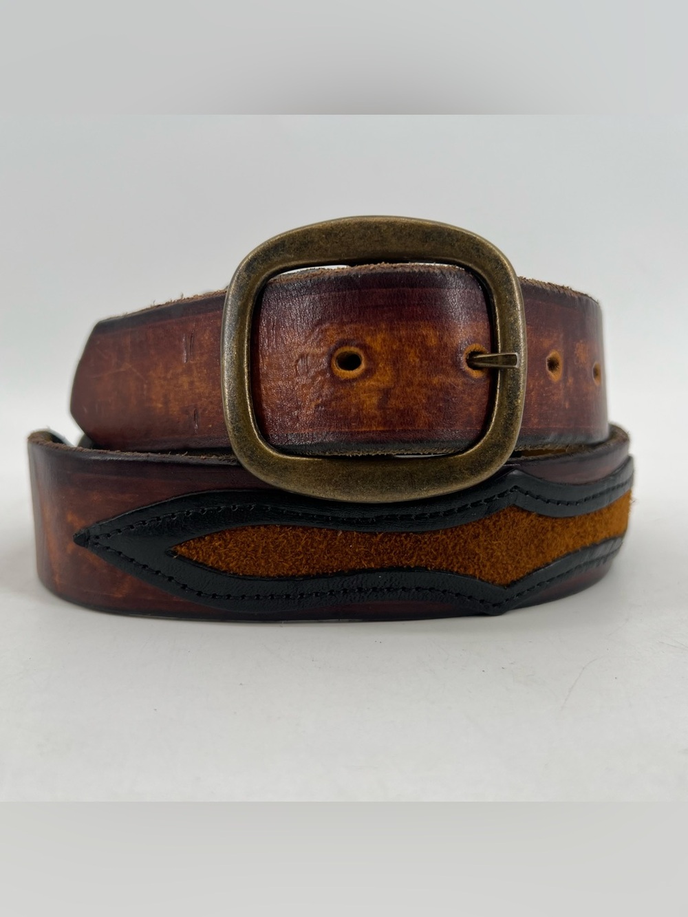 Vintage Women's Brown Leather Belt Size 36 Braided Geometric Textured Suede 1.5”